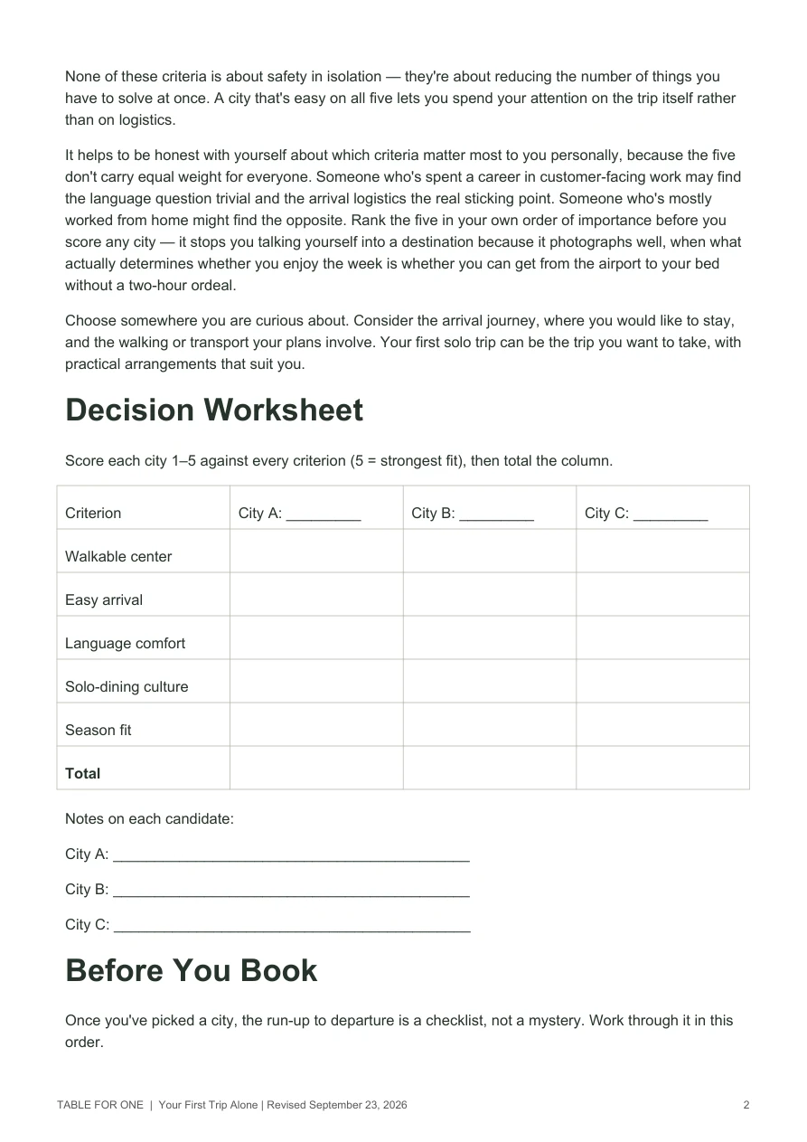 An actual page from the starter guide showing the destination comparison worksheet